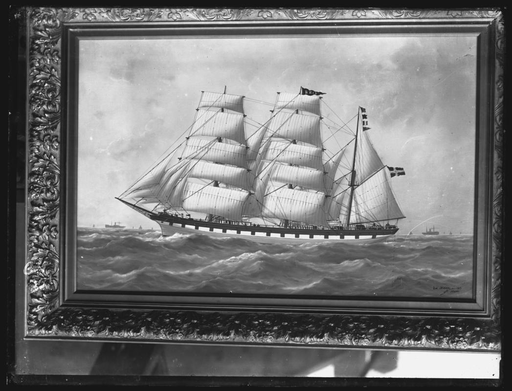Photograph of painting by Marie-Edouard Adam showing a port broadside view of the three-masted barque BRIS, 1913.