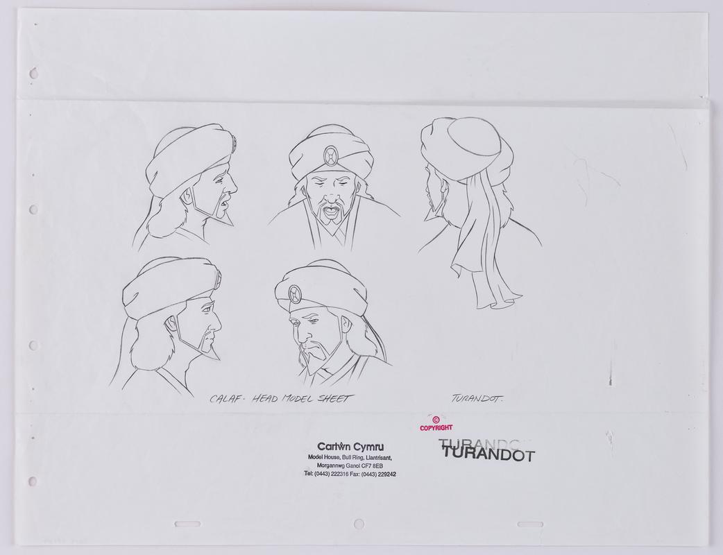 Turandot animation production sketch of the character Calaf. Stamped with production company name.