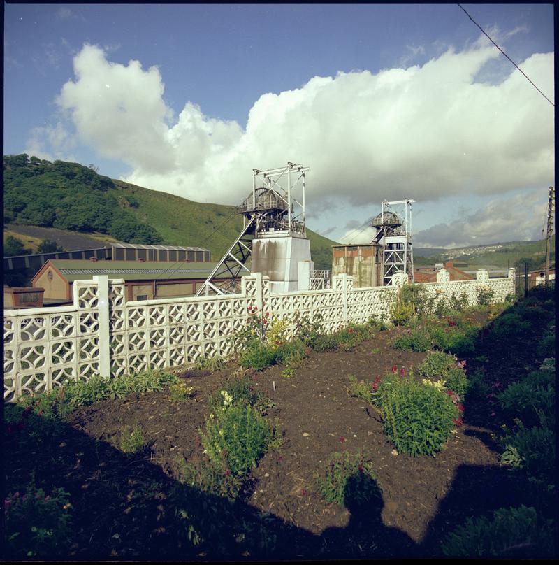 Colour film negative showing the upcast and downcast shafts, Taff Merthyr Colliery.  'Taff Merthyr' is transcribed from original negative bag.
