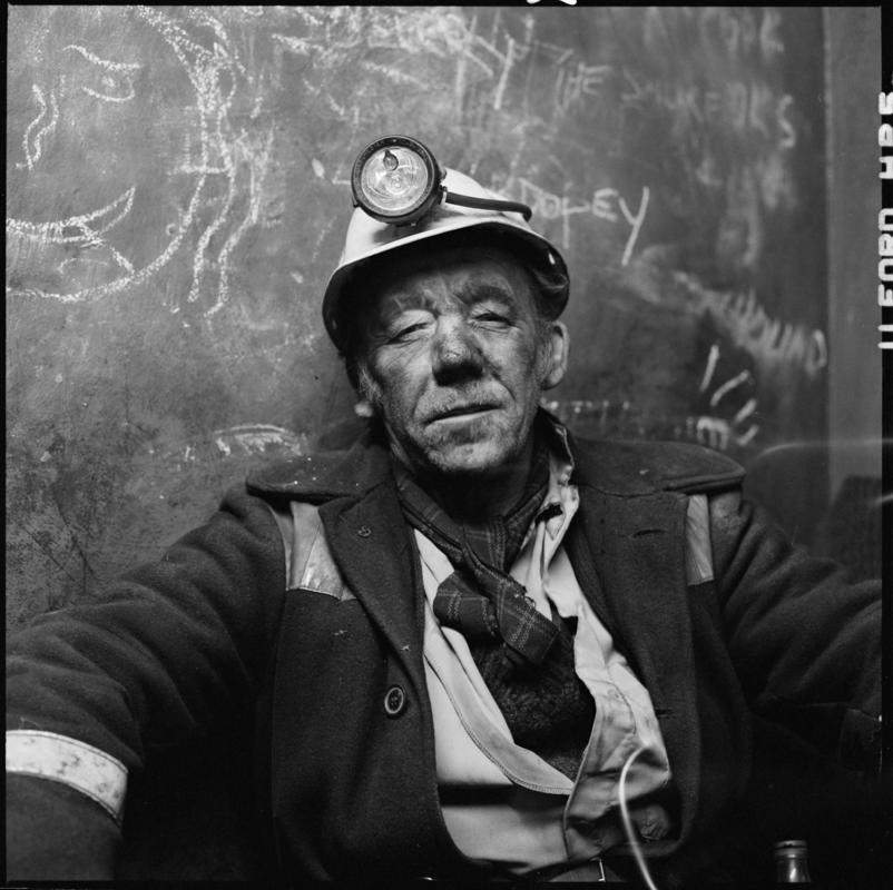 Black and white film negative showing a Coegnant Colliery miner.  'Coegnant' is transcribed from original negative bag.  Appears to be identical to 2009.3/2138.