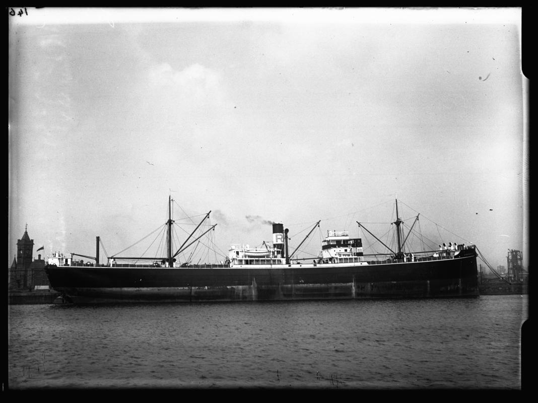 Starboard broadside view of M.V. JEDMOOR at Cardiff Docks, c.1936.