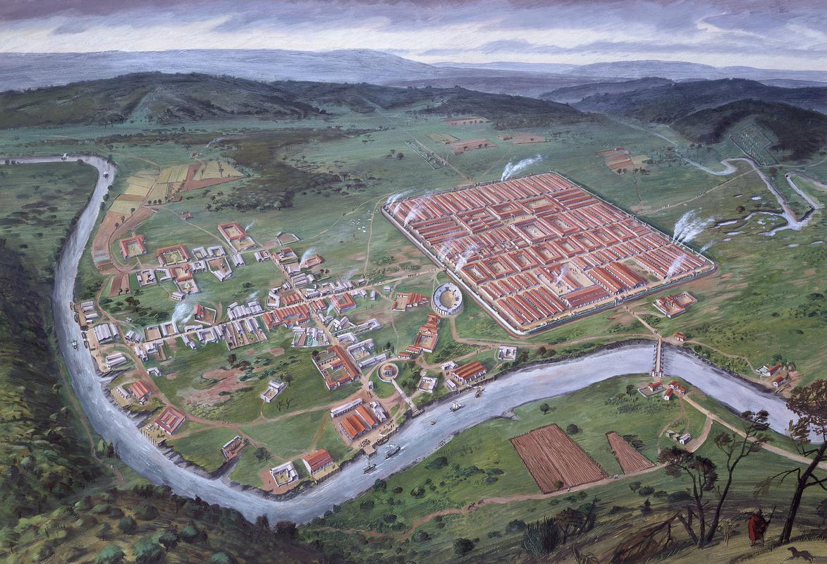 A bird's-eye view of the Roman Fortress - Alan Sorrell (1939)