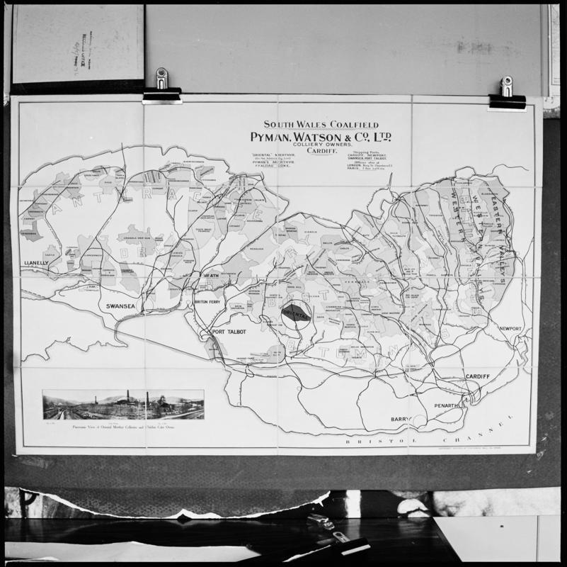 Black and white film negative of a 'Pyman Watson & Co. Ltd, Cardiff' south Wales Coalfield map.