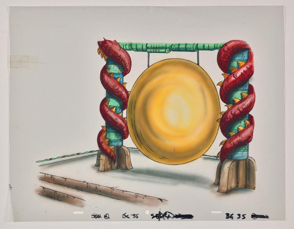 Turandot animation production artwork showing a large gong. Appears to be used with 2019.5/124.
