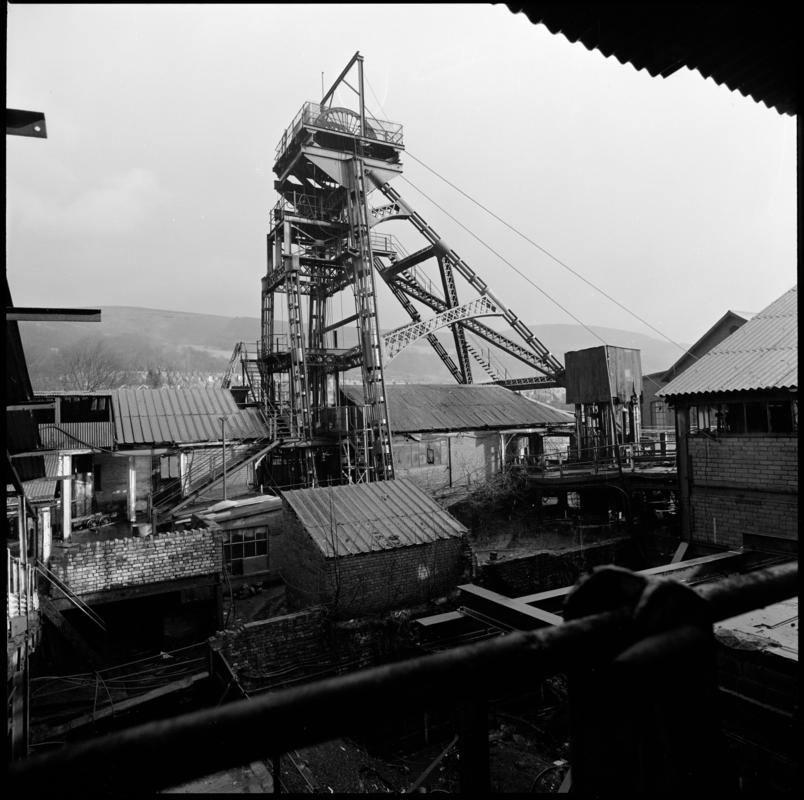 Black and white film negative of a photograph showing the downcast shaft, Deep Duffryn Colliery.  'Deep Duffryn' is transcribed from original negative bag.  Appears to be identical to 2009.3/2531.