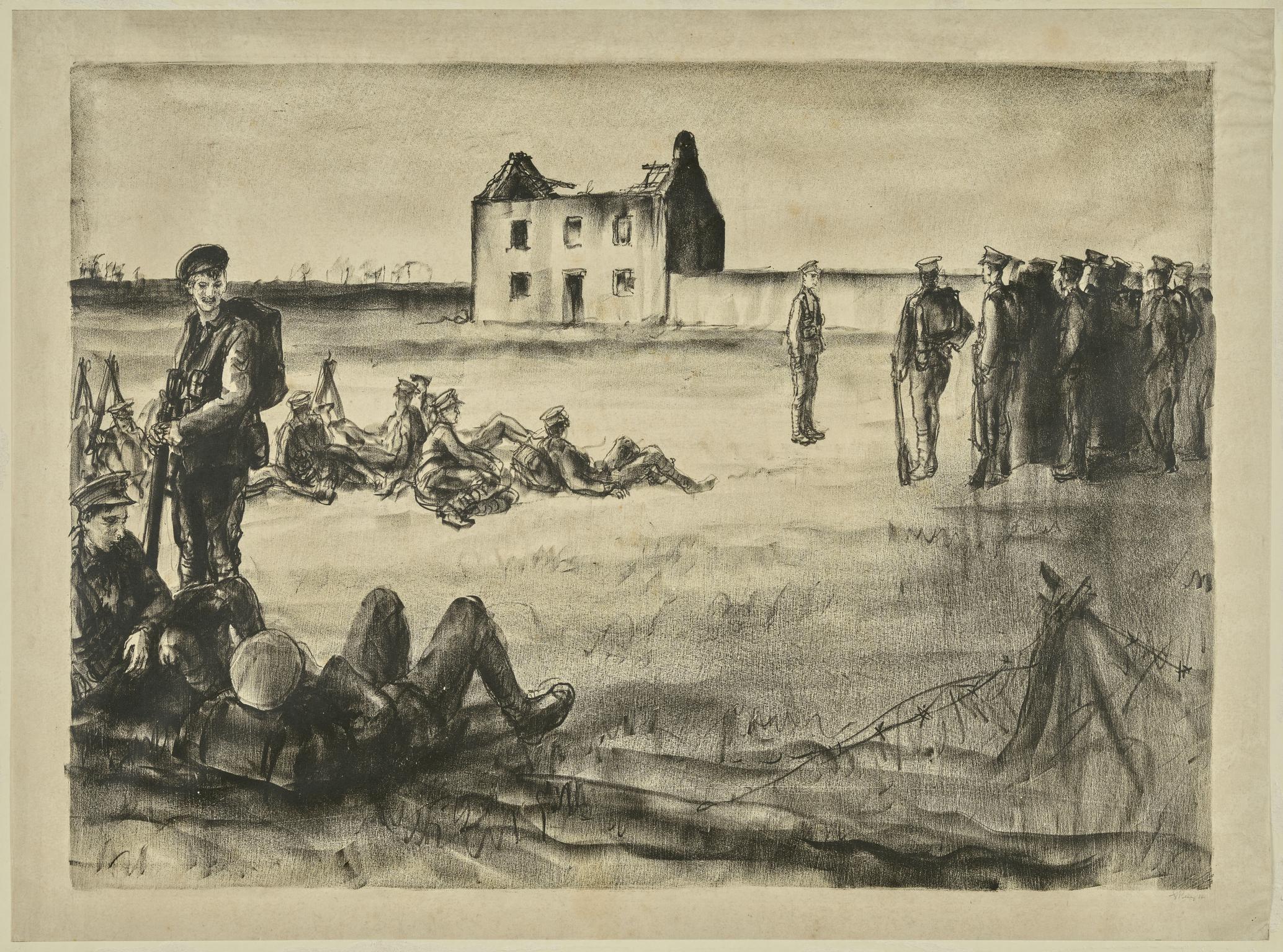 Soldiers seated and parading in front of a ruined house