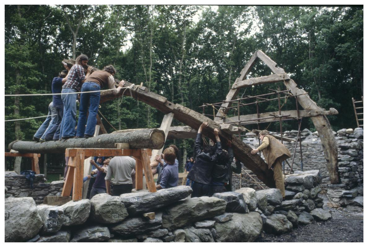 Tuhwnt ir Bwlch farmstead, Cwm Iou, Monmouthshire & Museum staff raising the cruck frames of Hendre Wen barn in 1978.