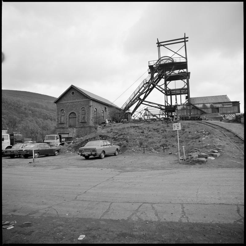 Black and white film negative showing a surface view of Deep Navigation Colliery 1980.  'Deep Duffryn and Deep Navigation 1980' is transcribed from original negative bag.