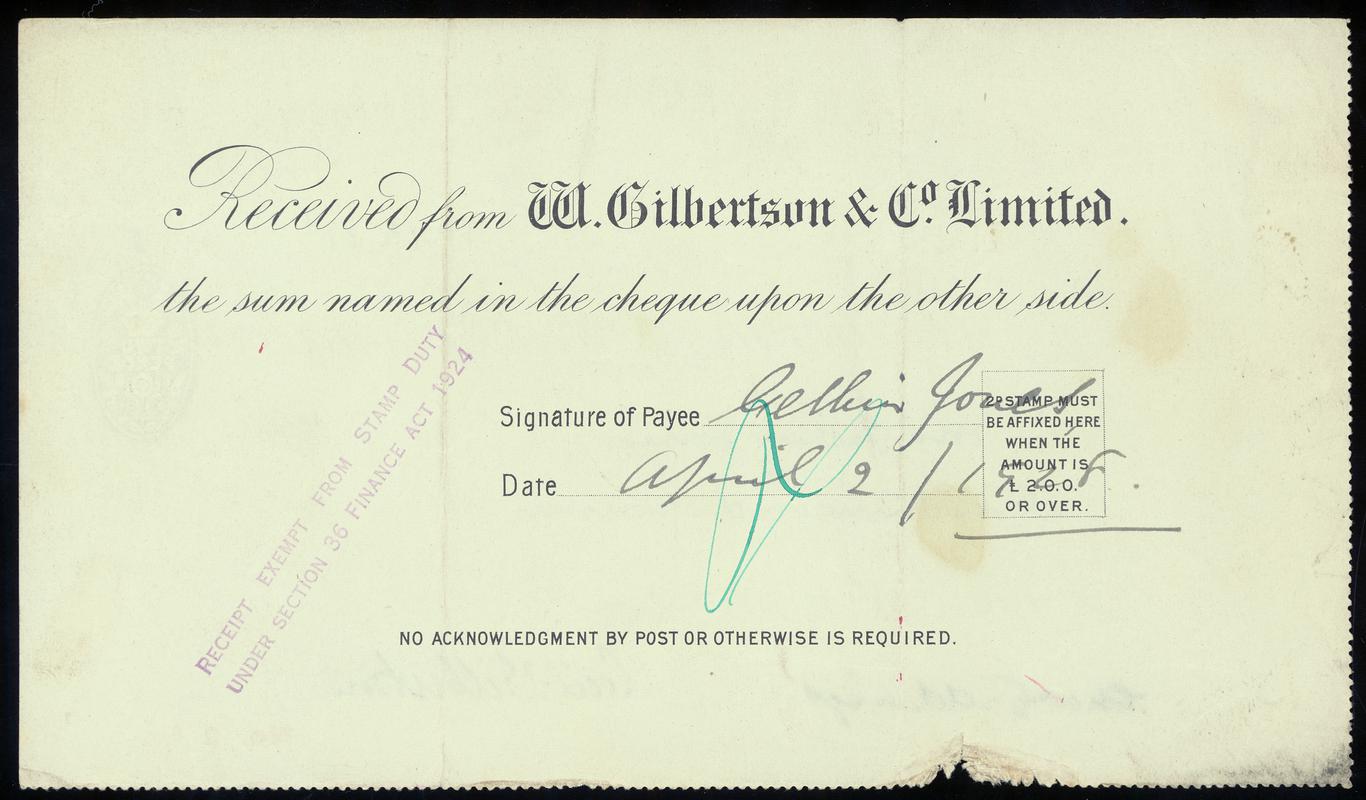 W. Gilbertson & Co. Limited cheque (reverse)
