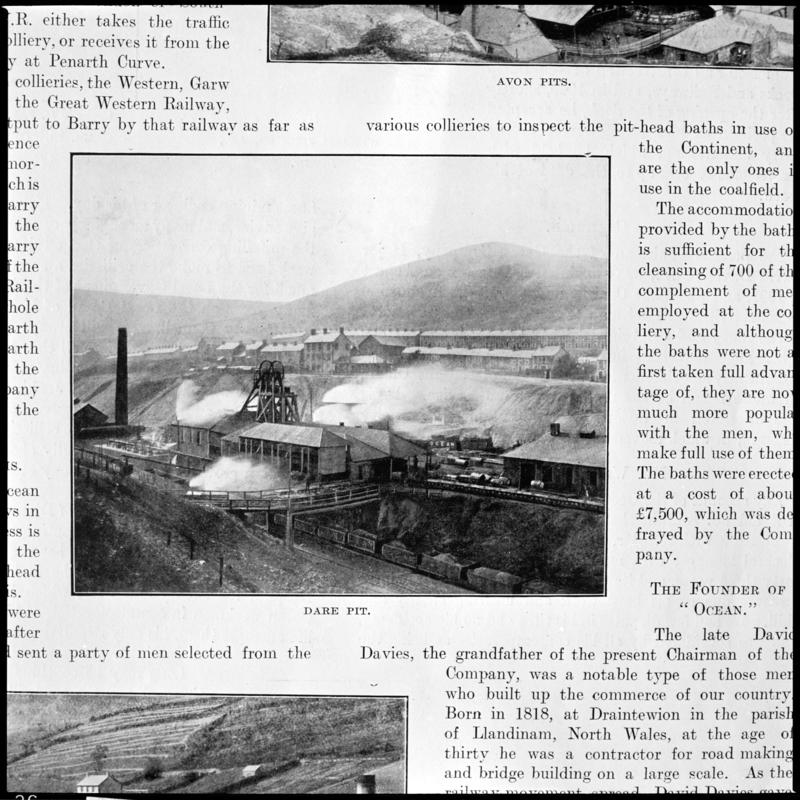 Black and white film negative showing a general surface view of Dare Colliery, photographed from a publication.  'Dare Colliery' is transcribed from original negative bag.