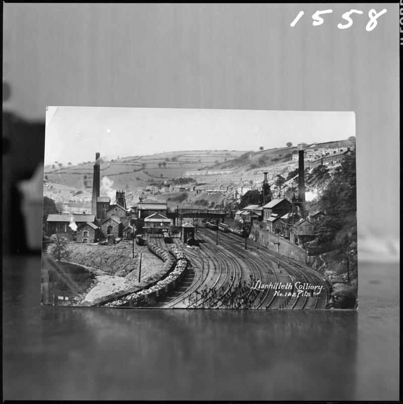Black and white film negative of a postcard? showing view of the No 1 & 2 Pits, Llanhilleth Colliery.  Bottom of postcard reads 'Llanhilleth Colliery, No. 1 & 2 Pits'.    'Llanhilleth' is transcribed from original negative bag.