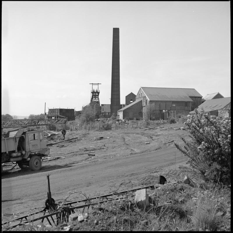 Black and white film negative showing a general surface view of Morlais Colliery 13 May 1981.  'Morlais 13/5/81' is transcribed from original negative bag.