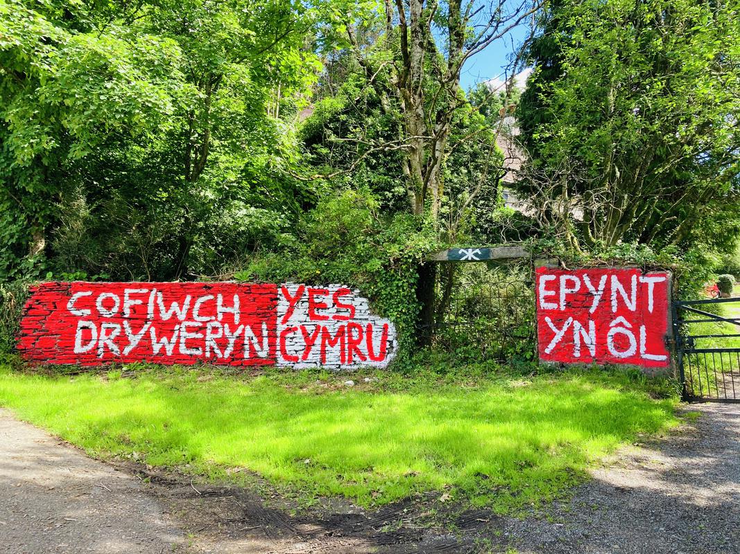 Cofiwch Dryweryn', 'YesCymru', and 'Epynt Nol' painted slogans, Carmarthensire.