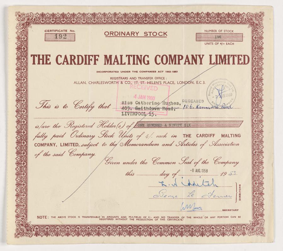 The Cardiff Malting Company Limited, 4/- ordinary stock, 1958