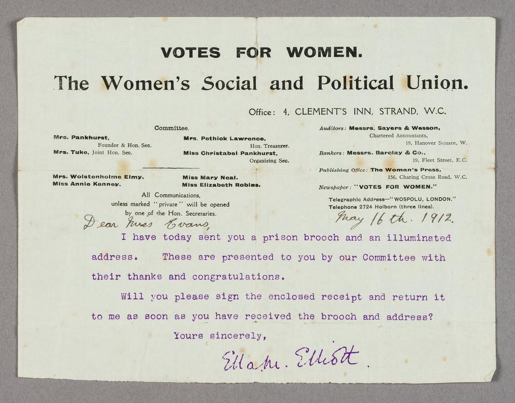 Letter to accompany illuminated address awarded to Kate Williams Evans by Women's Social and Political Union on May 16th 1912