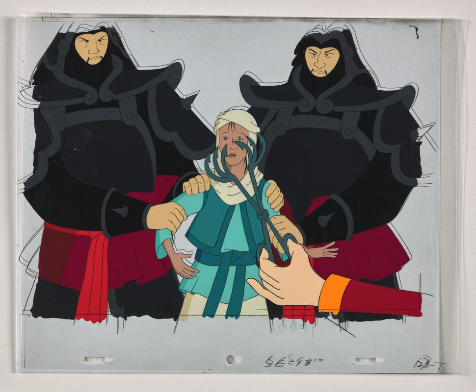 Turandot animation production artwork showing the characters Liu and two guards. Sketch on paper overlaid with two sheets of cellulose acetate.