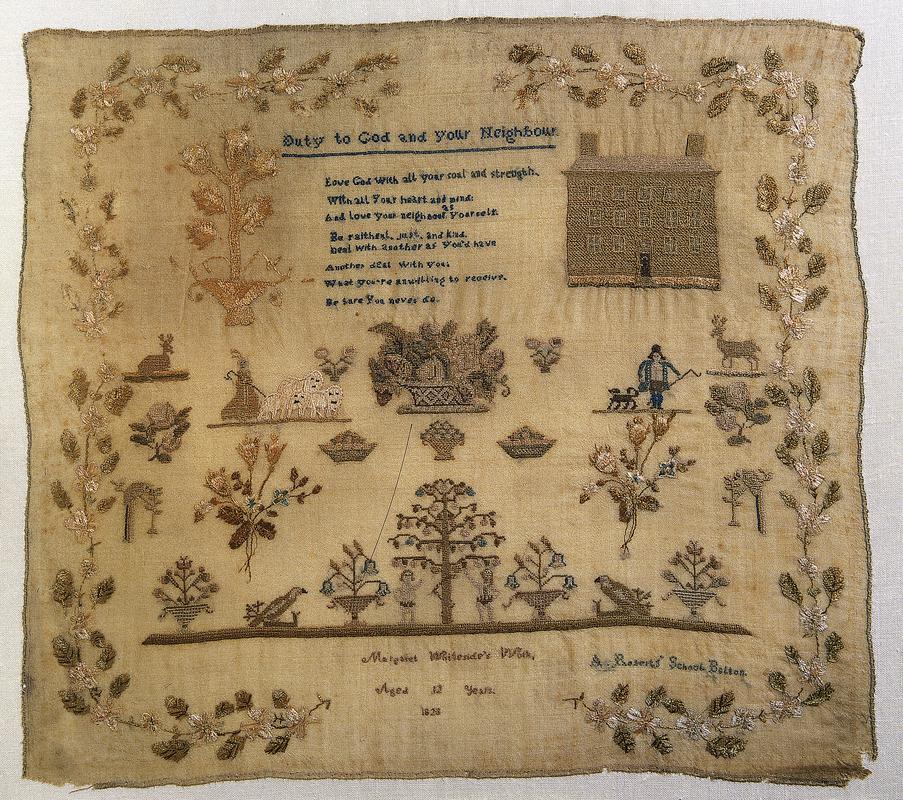 English embroidery sampler made by Margaret Whiteside, 1823/8