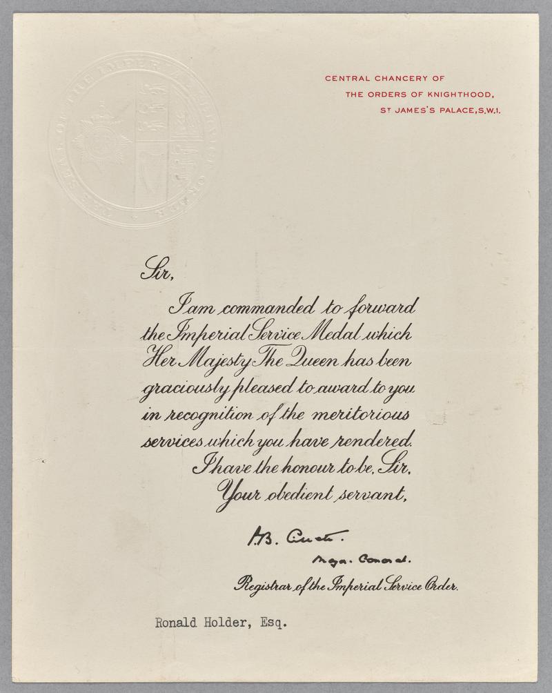 Certificate - Ronald Holder collection