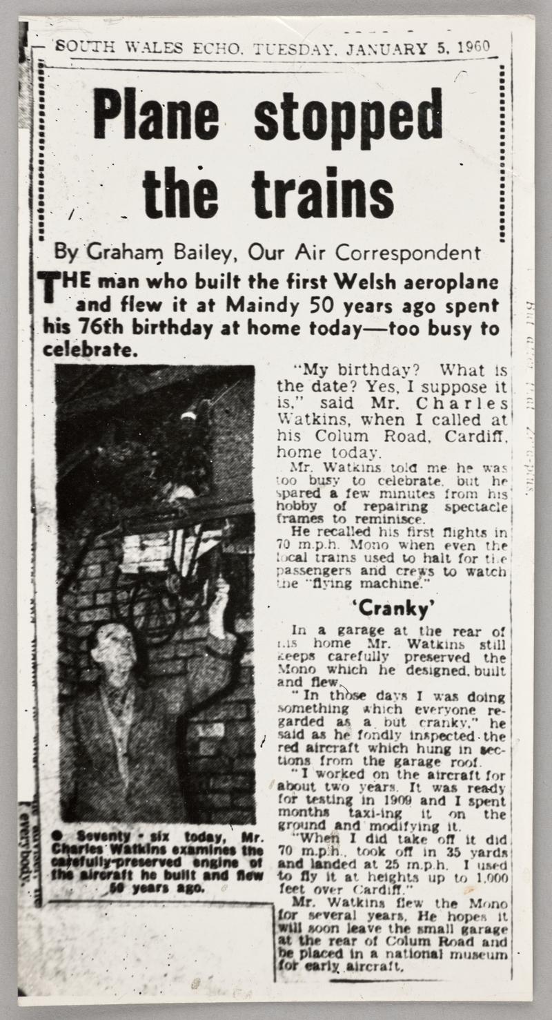 Photograph of a newspaper cutting from the South Wales Echo, Tuesday January 5, 1960. General article on history published day of C.H. Watkins' 76th birthday.