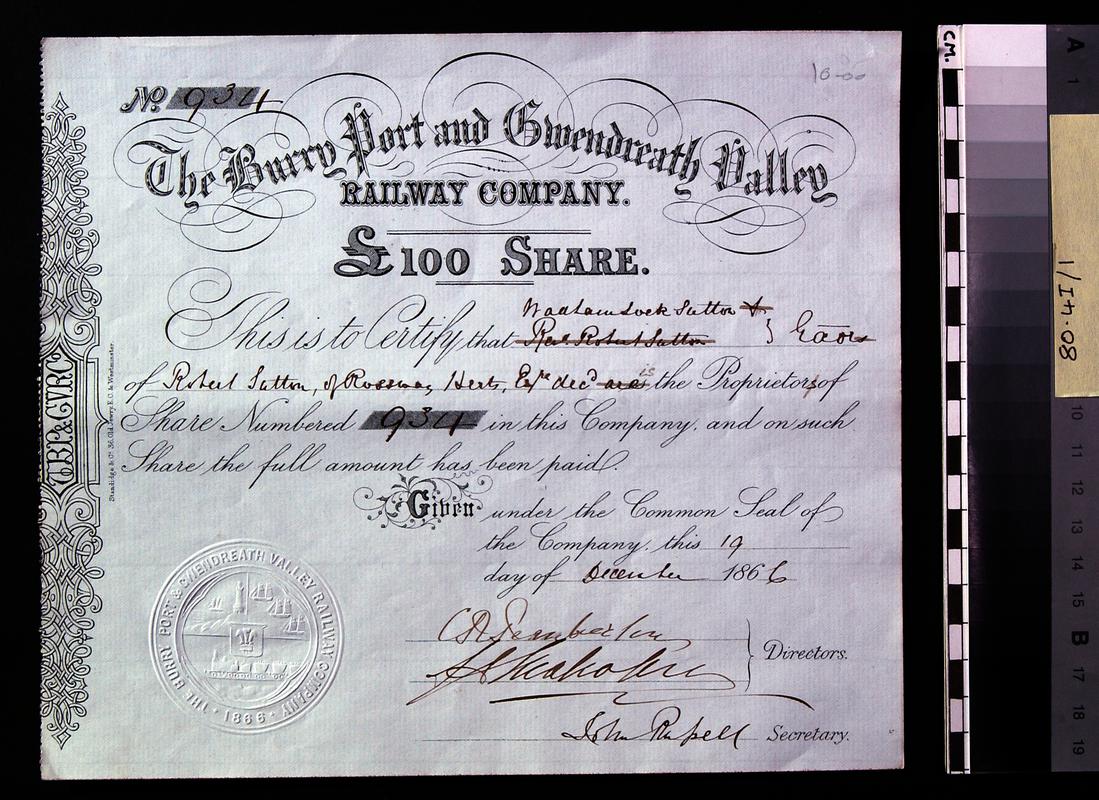 Burry Port & 'Gwendreath' Valley Railway Co. share certificate