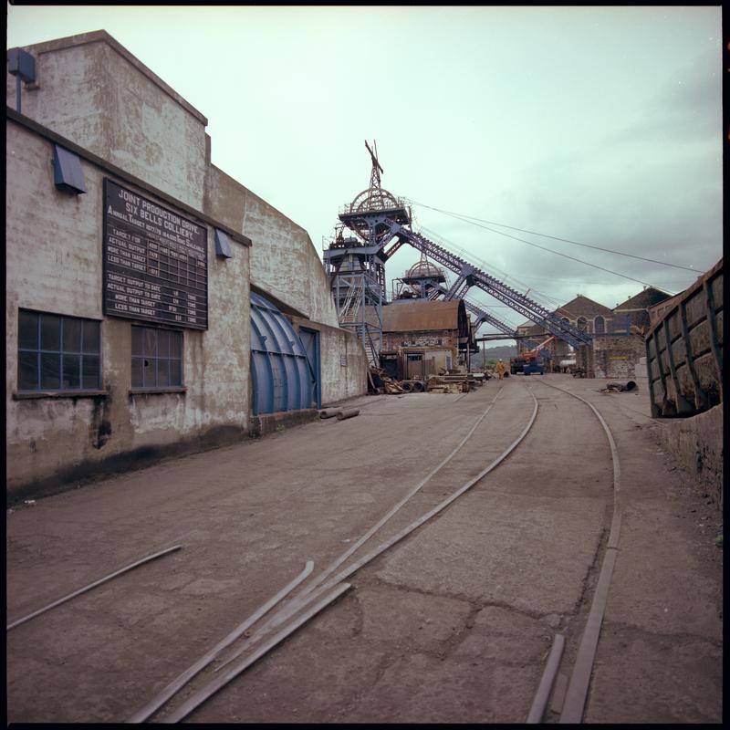 Colour film negative showing a surface view of Six Bells Colliery.  'Six Bells' is transcribed from original negative bag.