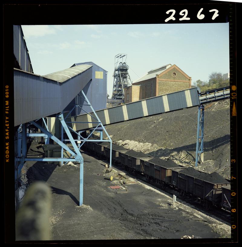 Colour film negative showing a surface view of Oakdale Colliery, 16 April 1981.  'Oakdale 16/4/81' is transcribed from original negative bag.