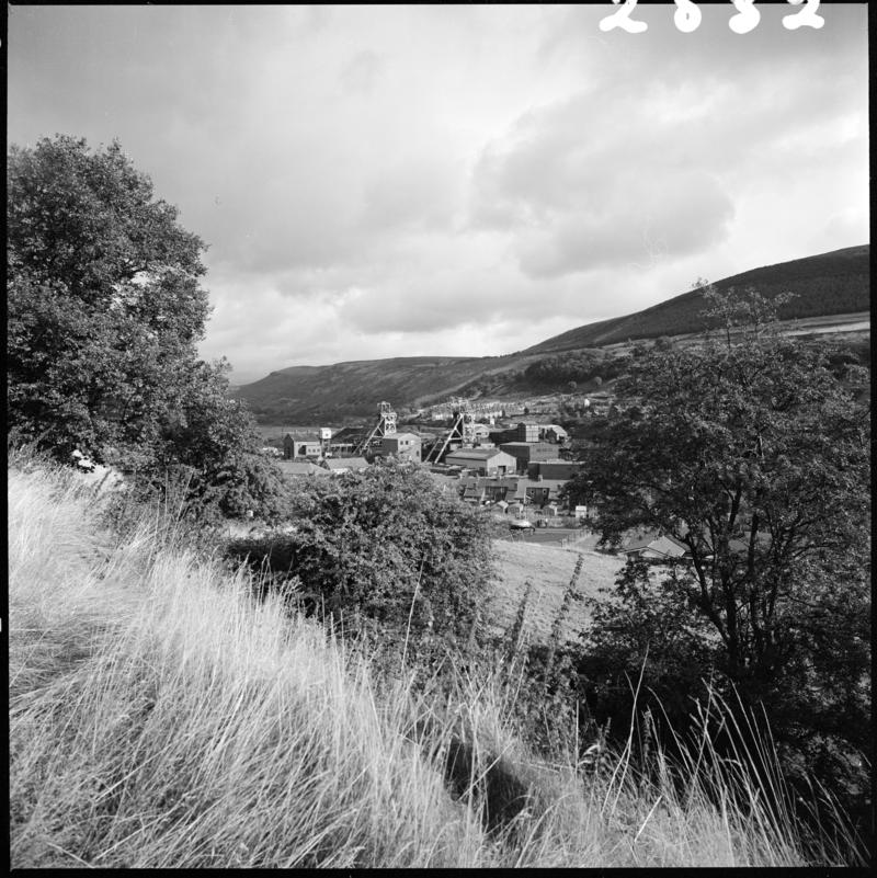 Black and white film negative showing a view towards Merthyr Vale Colliery, 21 September 1981.  'Merthyr Vale 21 Sep 1981' is transcribed from original negative bag.