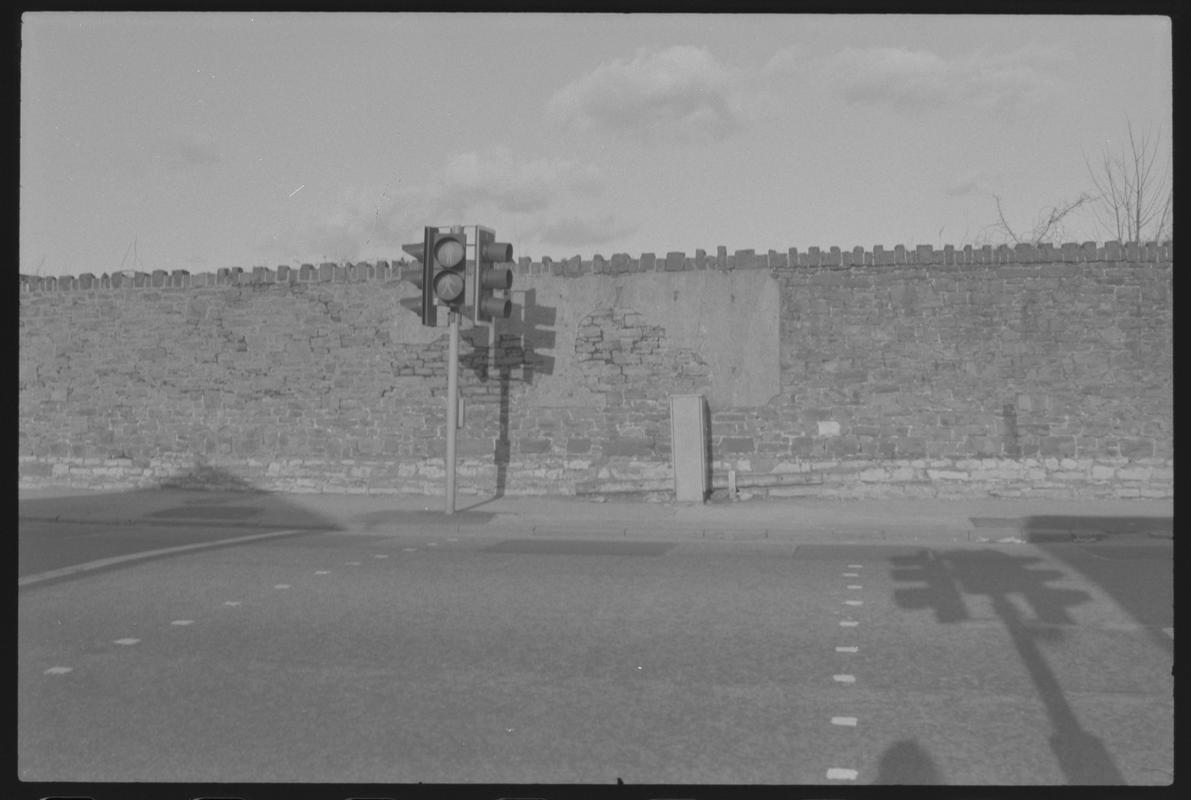 Traffic lights in middle of Bute Street, opposite junction of road under bridge to Collingdon Road, Butetown.