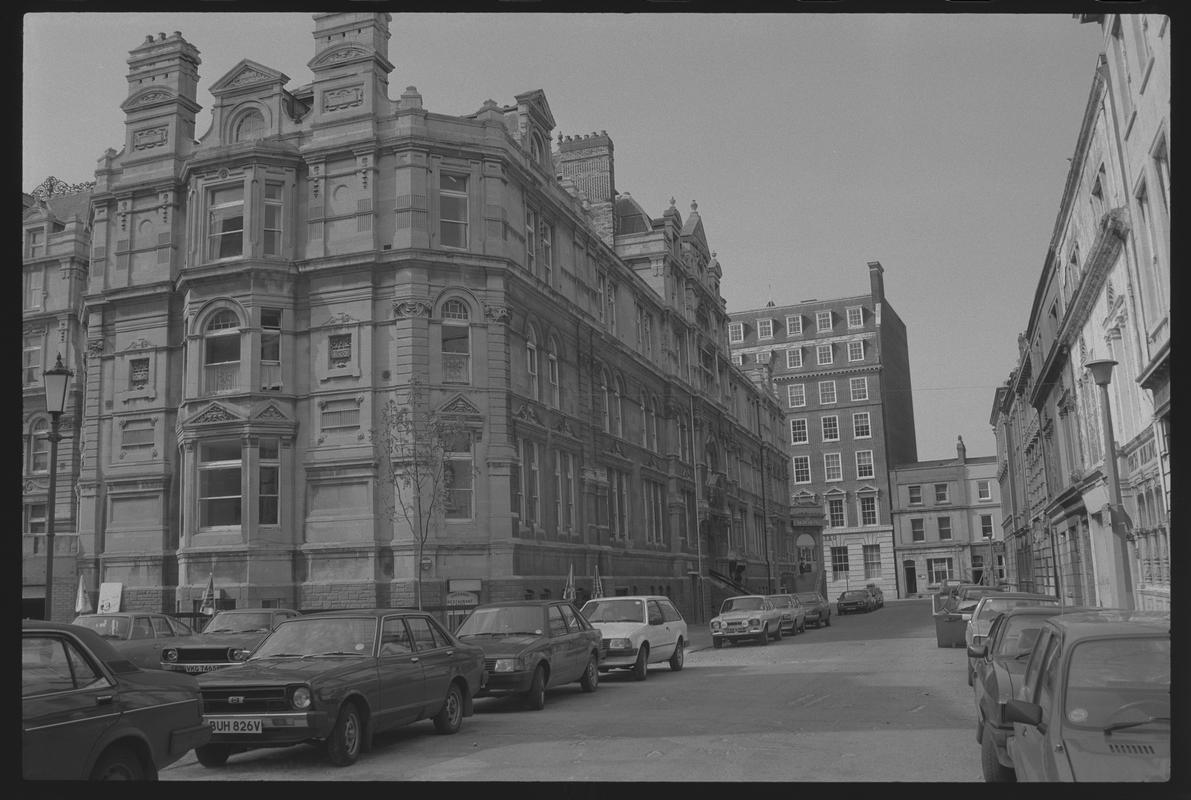 Road on eastern side of Mount Stuart Square, Butetown. The Exchange Building is on the left.