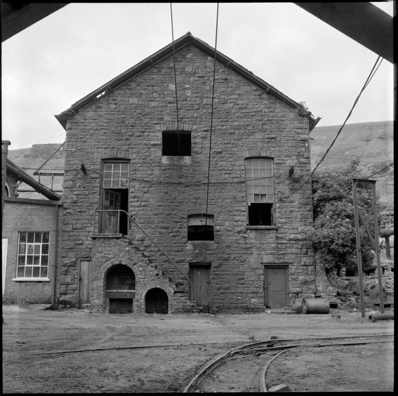 Black and white film negative showing Fernhill Colliery engine house for the Leigh winding engine, 11 July 1976. 'Fernhill 11 July 1976' is transcribed from original negative bag.