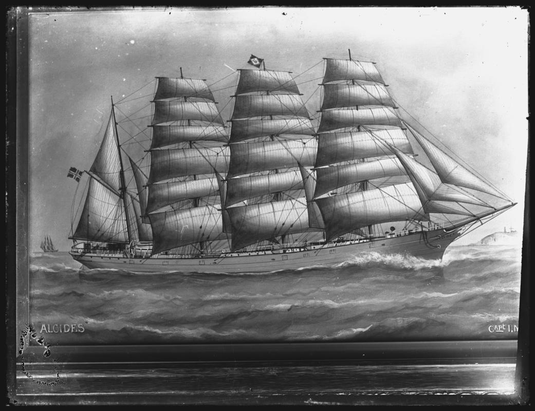 Photograph of painting showing a starboard broadside view of the four-masted barque ALCIDES.