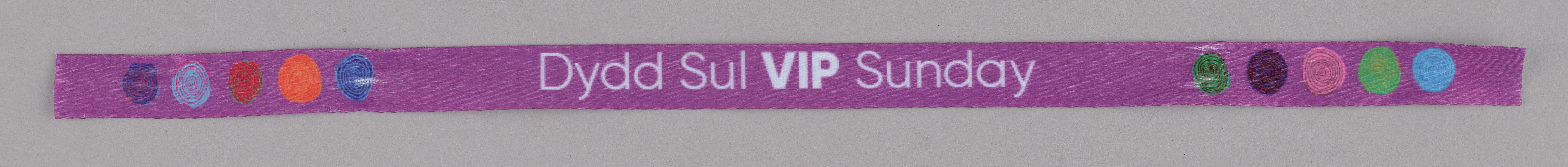 Wristband 'Dydd Sul VIP Sunday'. Used for access to VIP area at Pride Cymru, Cardiff, Sunday 27 August 2022.