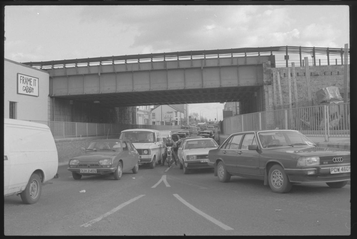 Main line railway bridge crossing top of Bute Street.