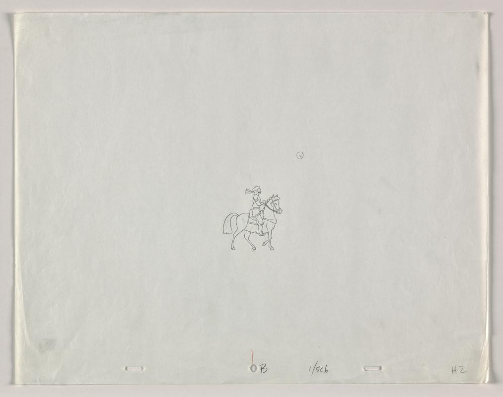 Turandot animation production sketch showing the character Calaf on horseback. Appears to be the initial sketch for production artwork 2019.5/121.