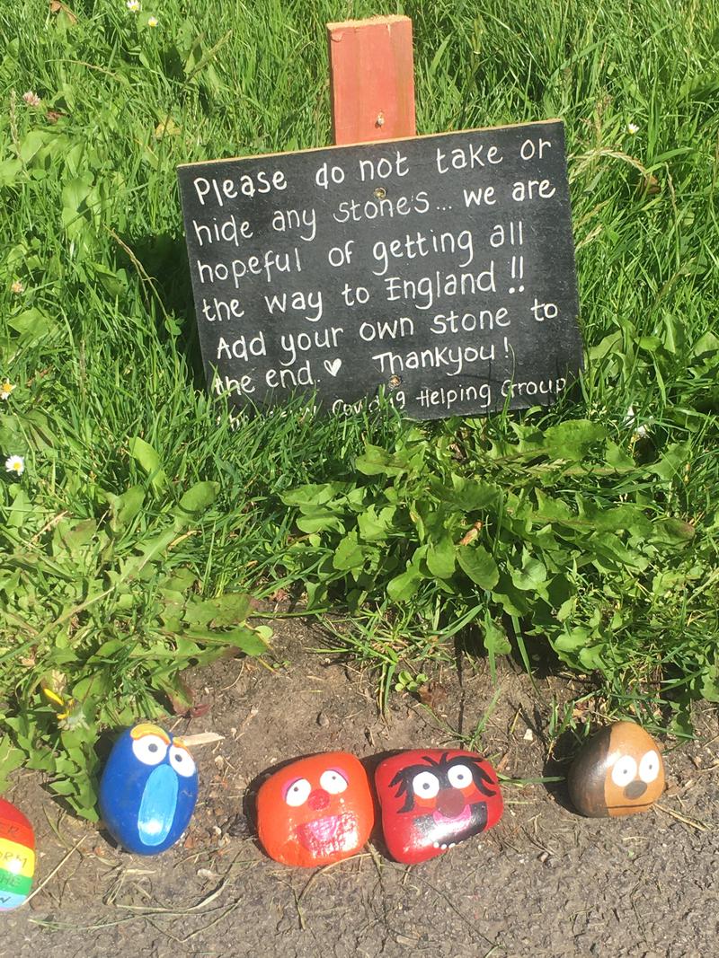Sign beside painted pebbles reading 'please do not take or hide any stones & we are hopeful of getting all the way to England!! Add your own stone to the end. Thank you! Chepstow Covid 19 Helping Group'.