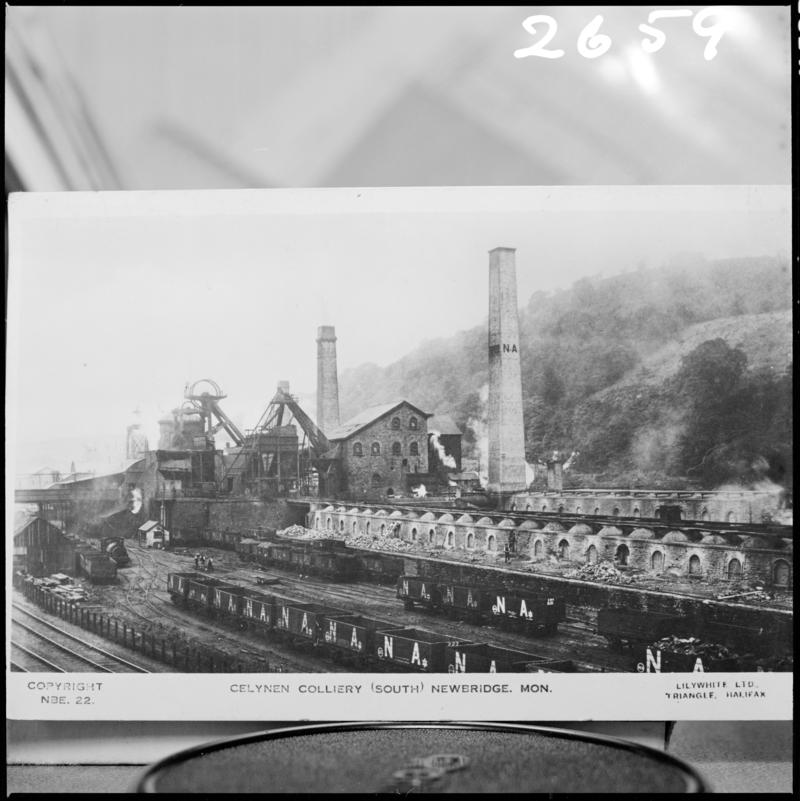 Black and white film negative of a photograph showing a surface view of Celynen South Colliery.  'South Celynen' is transcribed from original negative bag.