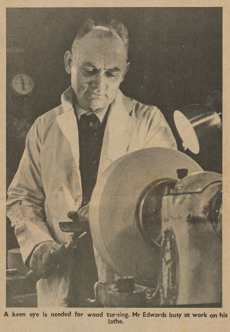 Photograph of Newton Edwards, woodturner and carver, at work on  his lathe, November 1971. - Photograph / Newspaper cutting