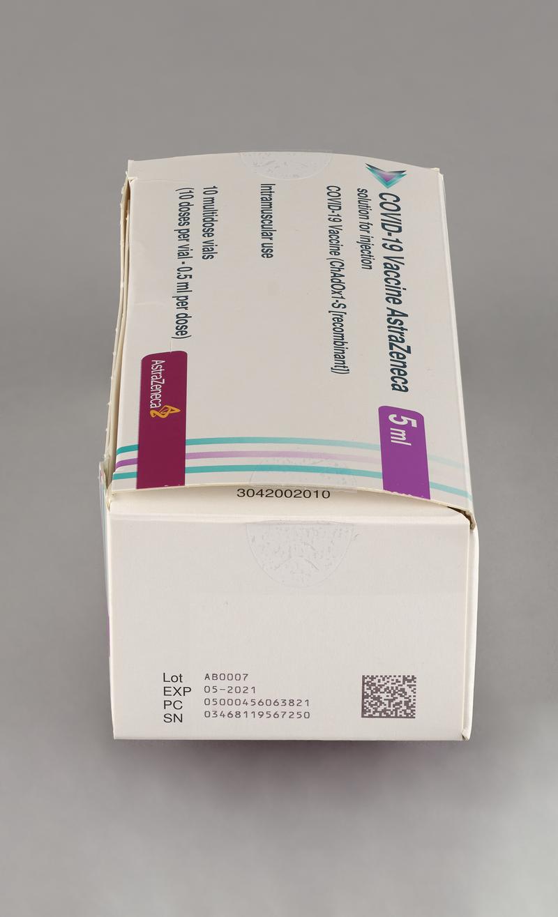 Card box, with card insert, containing ten empty 'COVID-19 Vaccine AstraZeneca' vials.