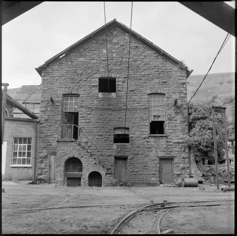 Black and white film negative showing Fernhill Colliery engine house for the Leigh winding engine in 1976. 'Fernhill 1976' is transcribed from original negative bag.