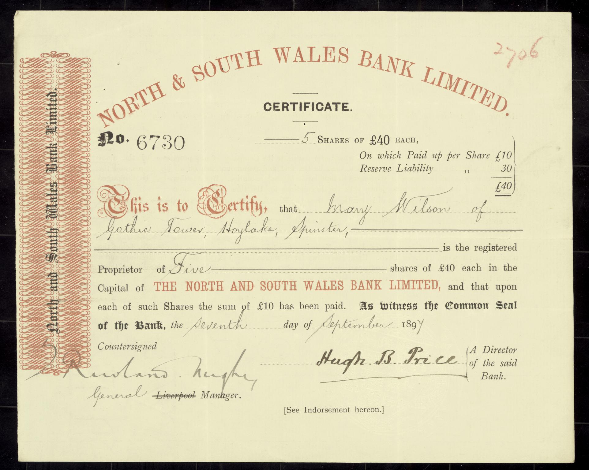 North & South Wales Bank Limited, share cert