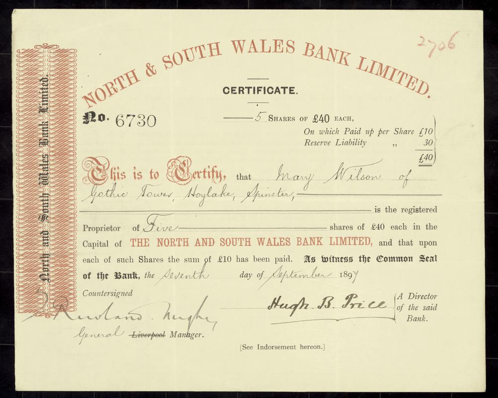 North & South Wales Bank Limited, £40 share (front)