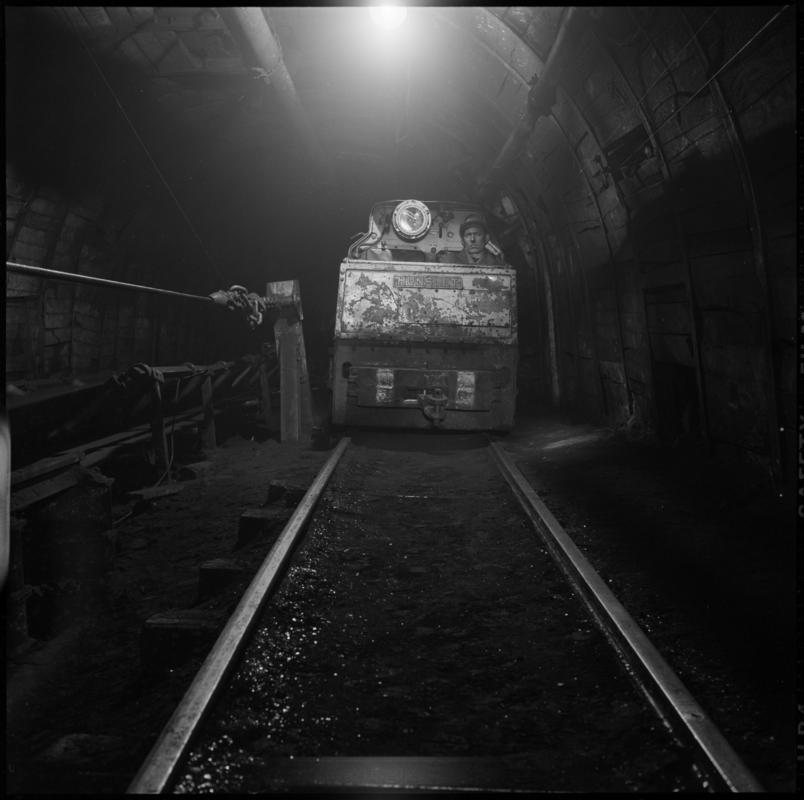 Black and white film negative showing a manriding train, Wyndham Western Colliery. 'Wyndham Western' is transcribed from original negative bag.