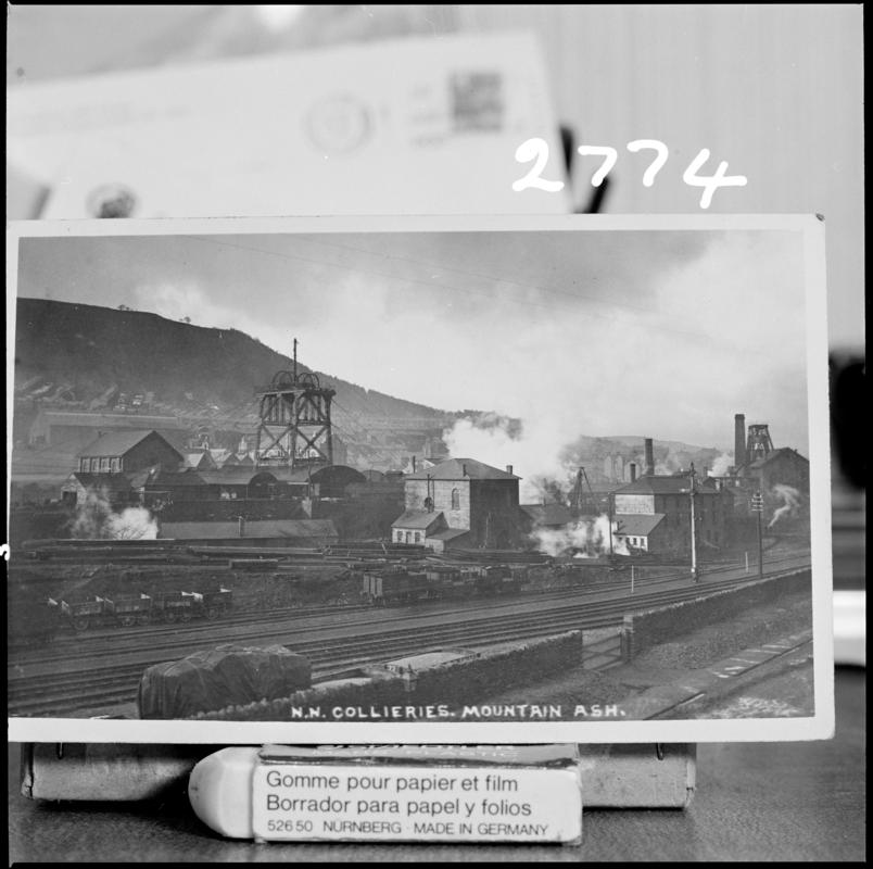 Film negative of a photograph showing a surface view of Nixon's Navigation Colliery, Mountain Ash c.1910.  'Nixon's Navigation' is transcribed from original negative bag.