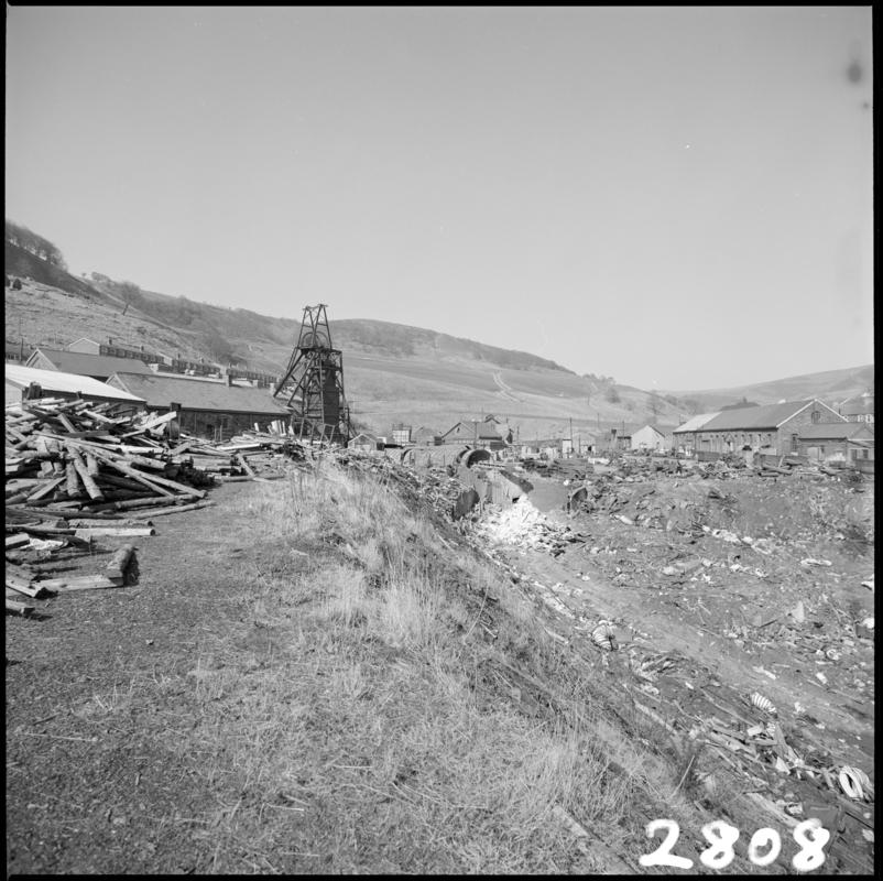 Black and white film negative showing Cwmtillery Colliery timber yard.  'Cwmtillery' is transcribed from original negative bag.