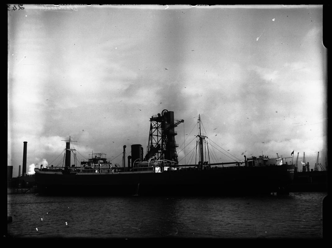 Port broadside view of S.S. BLACKHEATH at Cardiff docks, c.1936.