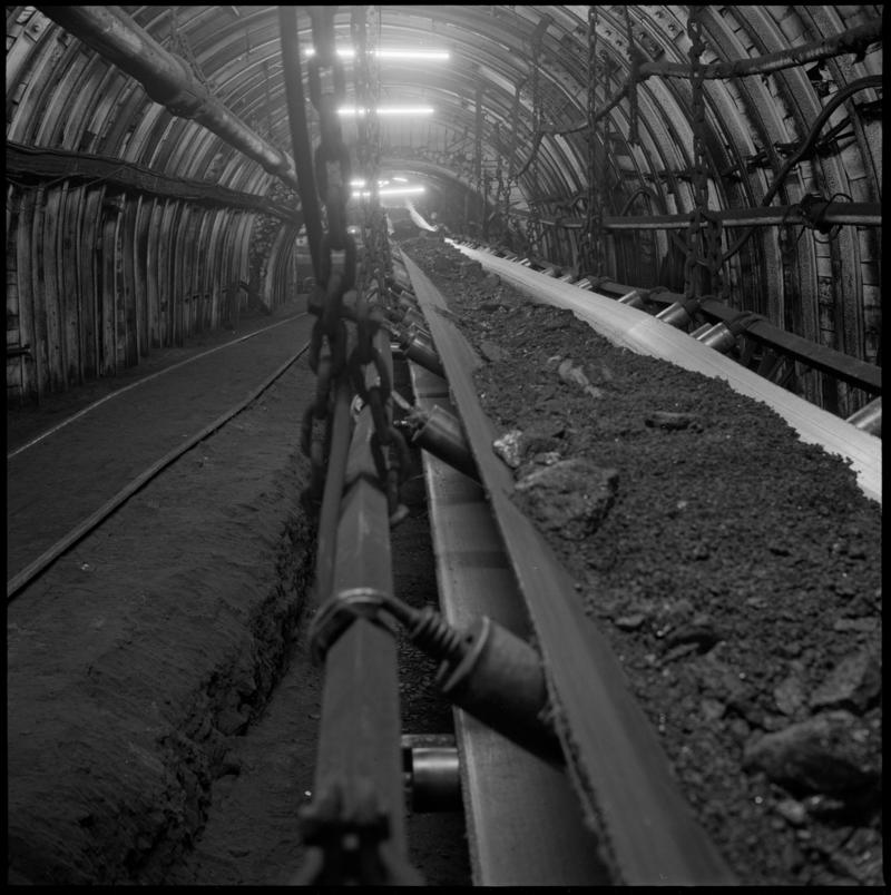 Black and white film negative showing a conveyor underground at Celynen North Colliery, 1978-9.  'Celynen North 1978-9' is transcribed from original negative bag.