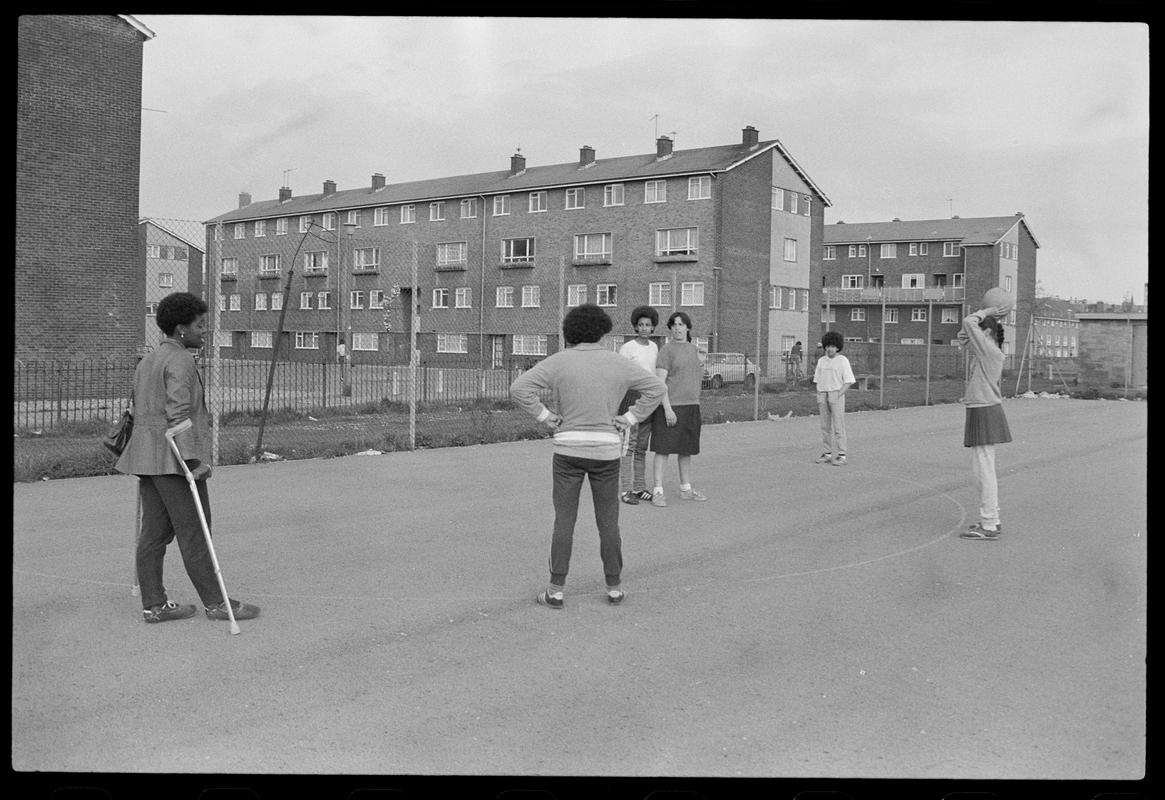 Girls playing netball at Butetown Youth Club.