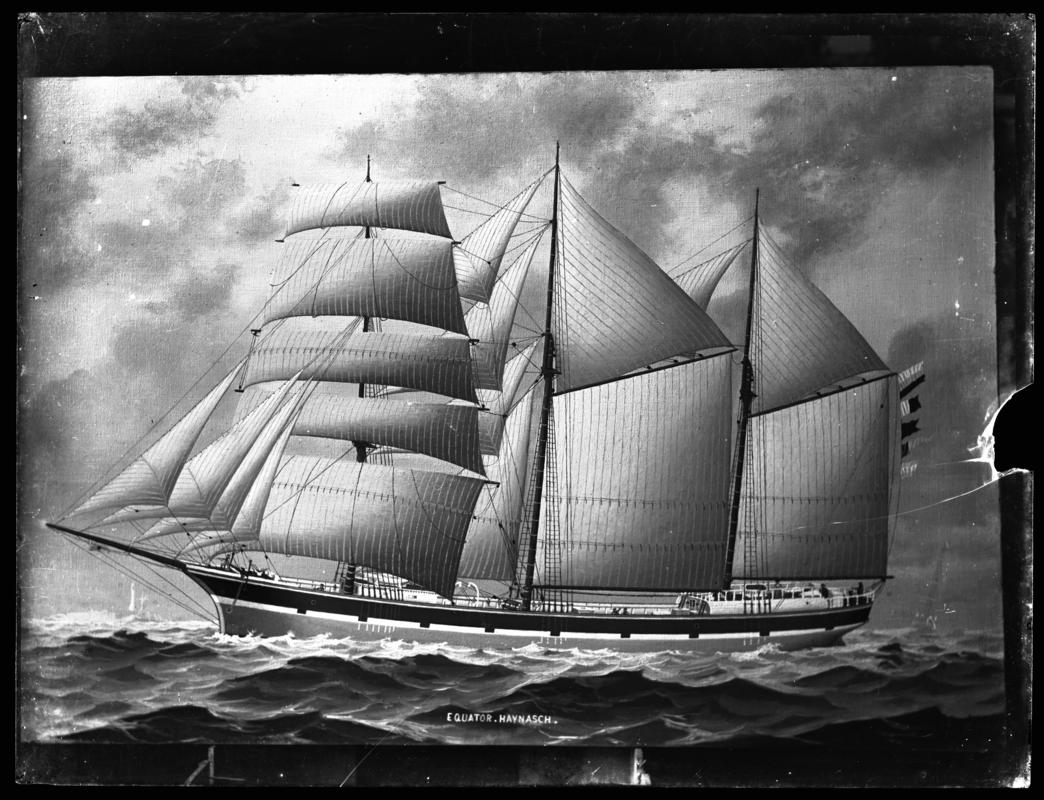 Photograph of a painting showing a port broadside view of the three-masted barquentine EQUATOR of Haynasch.  Title of painting - ''EQUATOR. HAYNASCH''.



Broken glass negative.