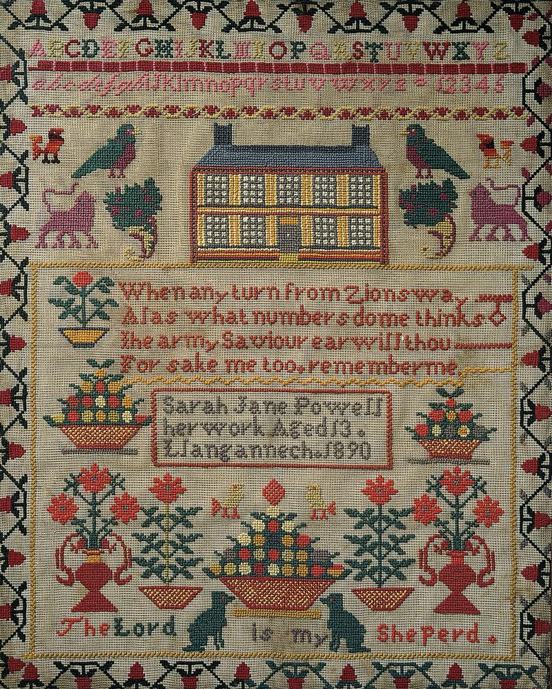 Sampler (motifs, verse & alphabet), made in Llangennech, 1890