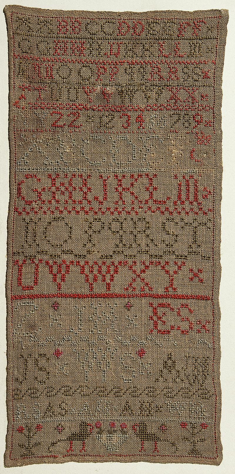 Sampler (alphabet & motifs), made in England, c. 1840